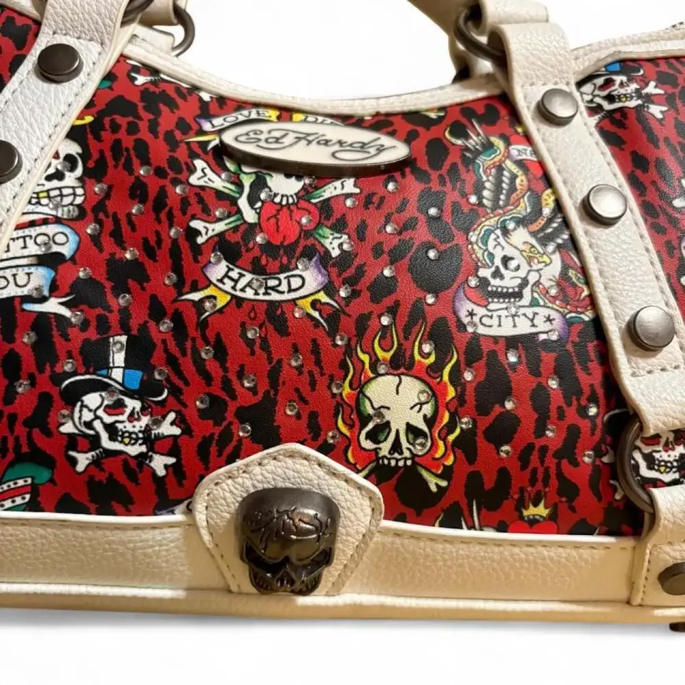 Ed Hardy Y2K Red Leopard Tattoo Skull Satchel Crossbody Bag